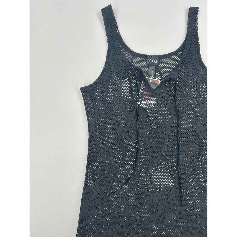 Donna Black Crochet Knit Lace Up Front Tank Top Floral Mesh Cover Up Medium - Picture 4 of 11